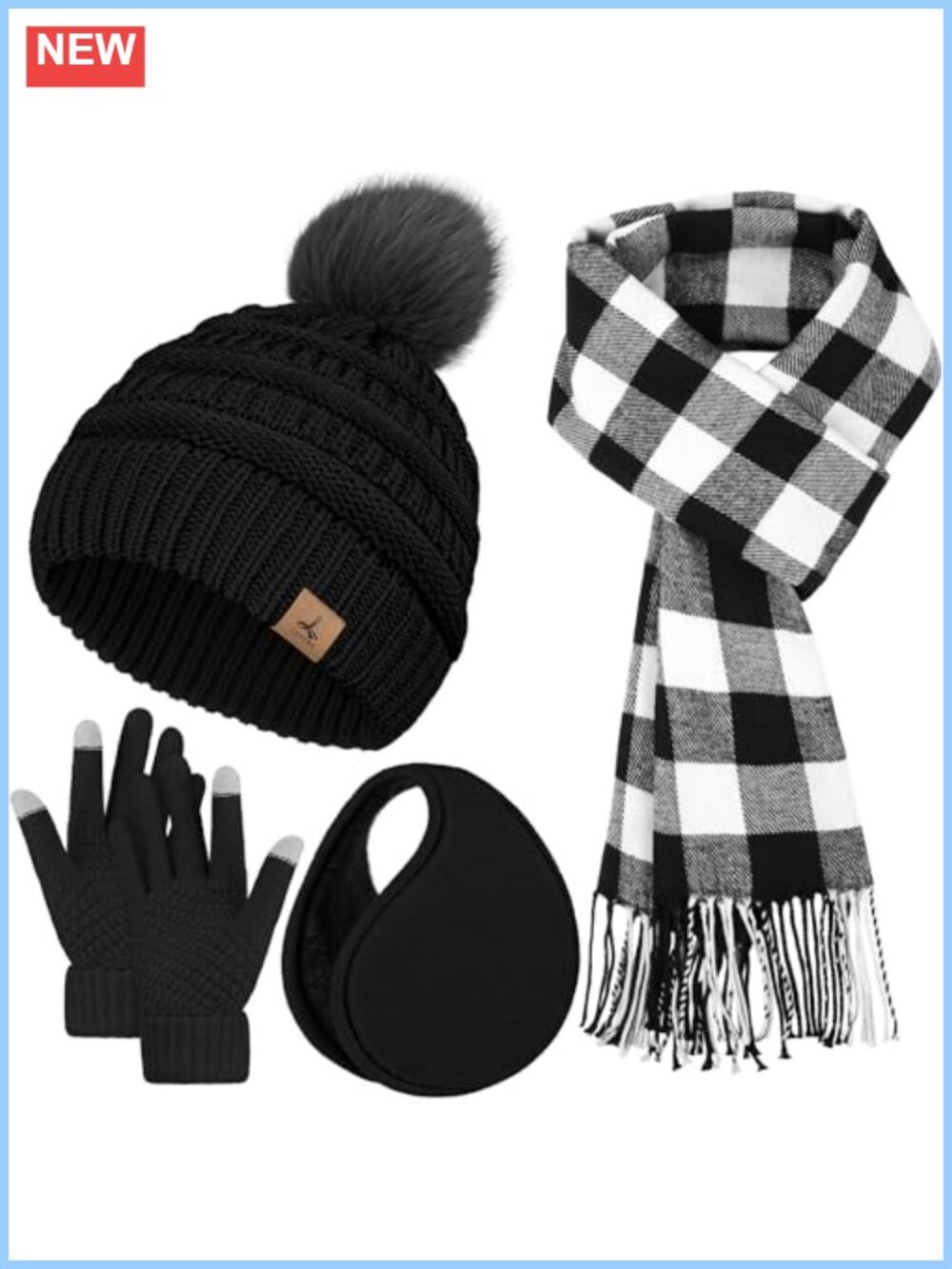4 Piece Knit Winter Hat Scarf Gloves Ear Warmer Set Acrylic